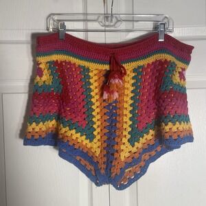 Farm Rio Striped Scarf Crochet Shorts Women L Colorful Drawstring Lined Tassel